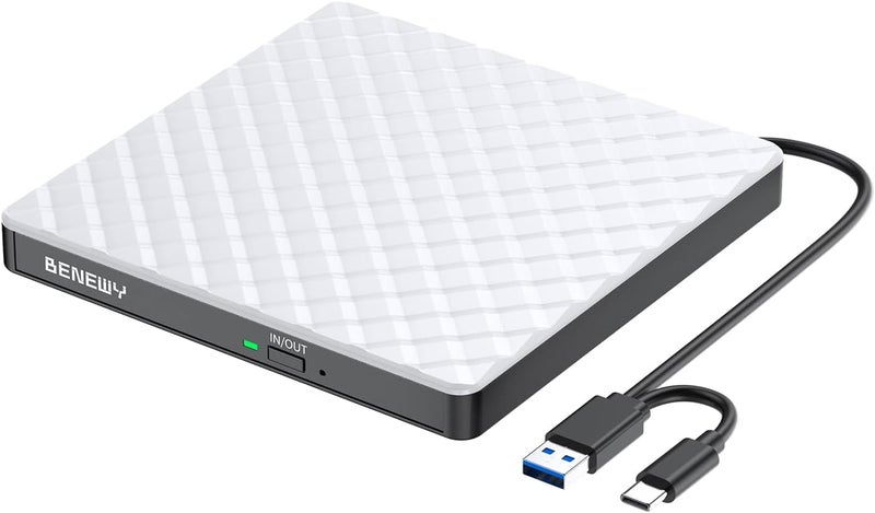 BENEWY محرك أقراص CD/DVD خارجي للكمبيوتر المحمول، USB 3.0 USB C، ناسخ أقراص CD/DVD، قارئ محرك أقراص DVD خارجي، مشغل DVD للكمبيوتر المحمول والكمبيوتر المكتبي Windows 11/10/8.1/7 MacBook Mac Linux OS Apple أبيض - Image 1